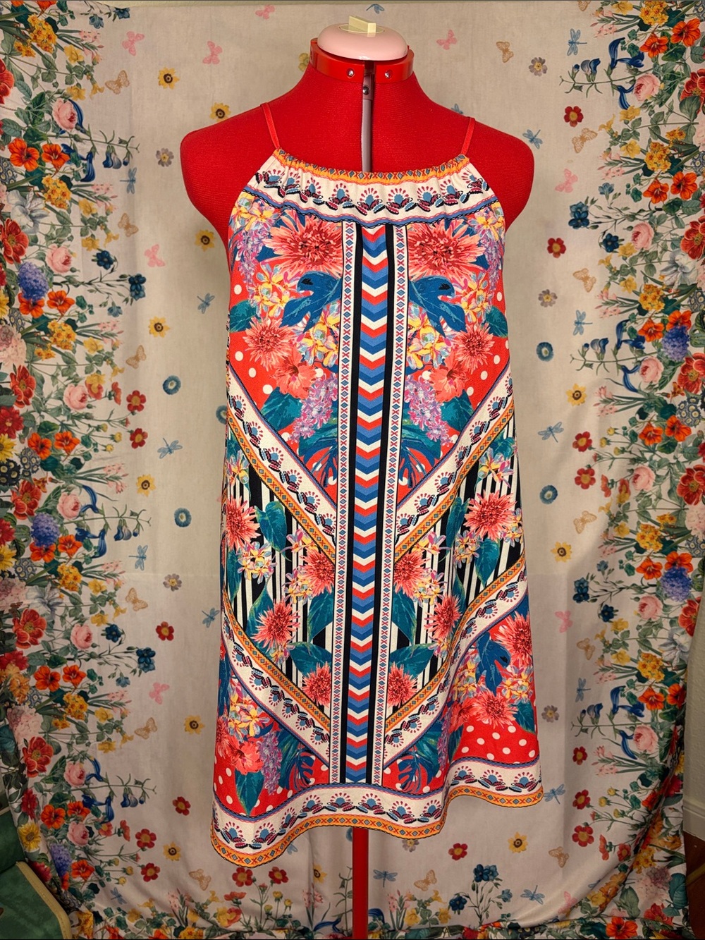 Flying Tomato - Fun Summer Red Halter Dress with Teal Accents - Picture 3 of 10